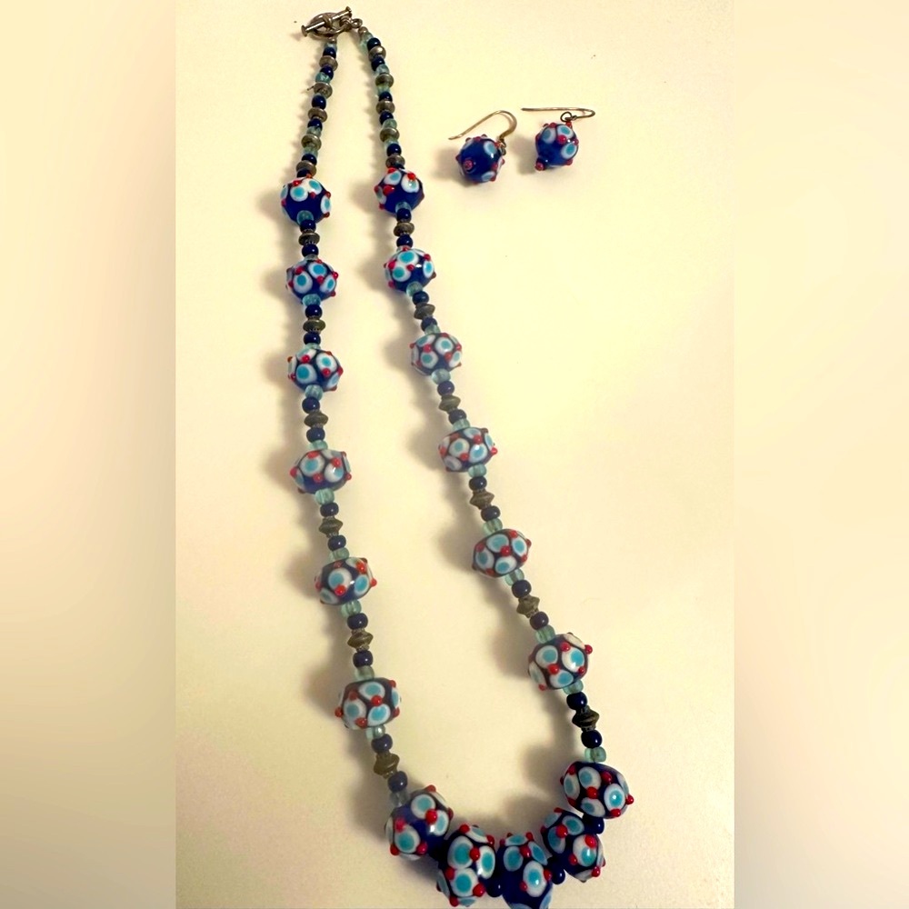 Vintage Sterling Silver Venetian Glass Bead Necklace & Earrings Set OoAK Rare
